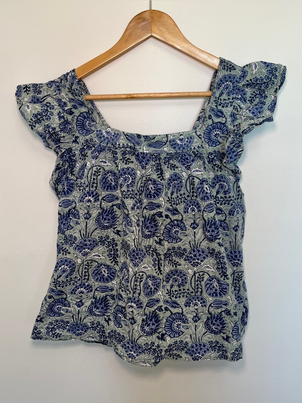 Ophelia & Indigo Womens Tunic Blouse Blue Green Floral Neck Short Sleeve Size S